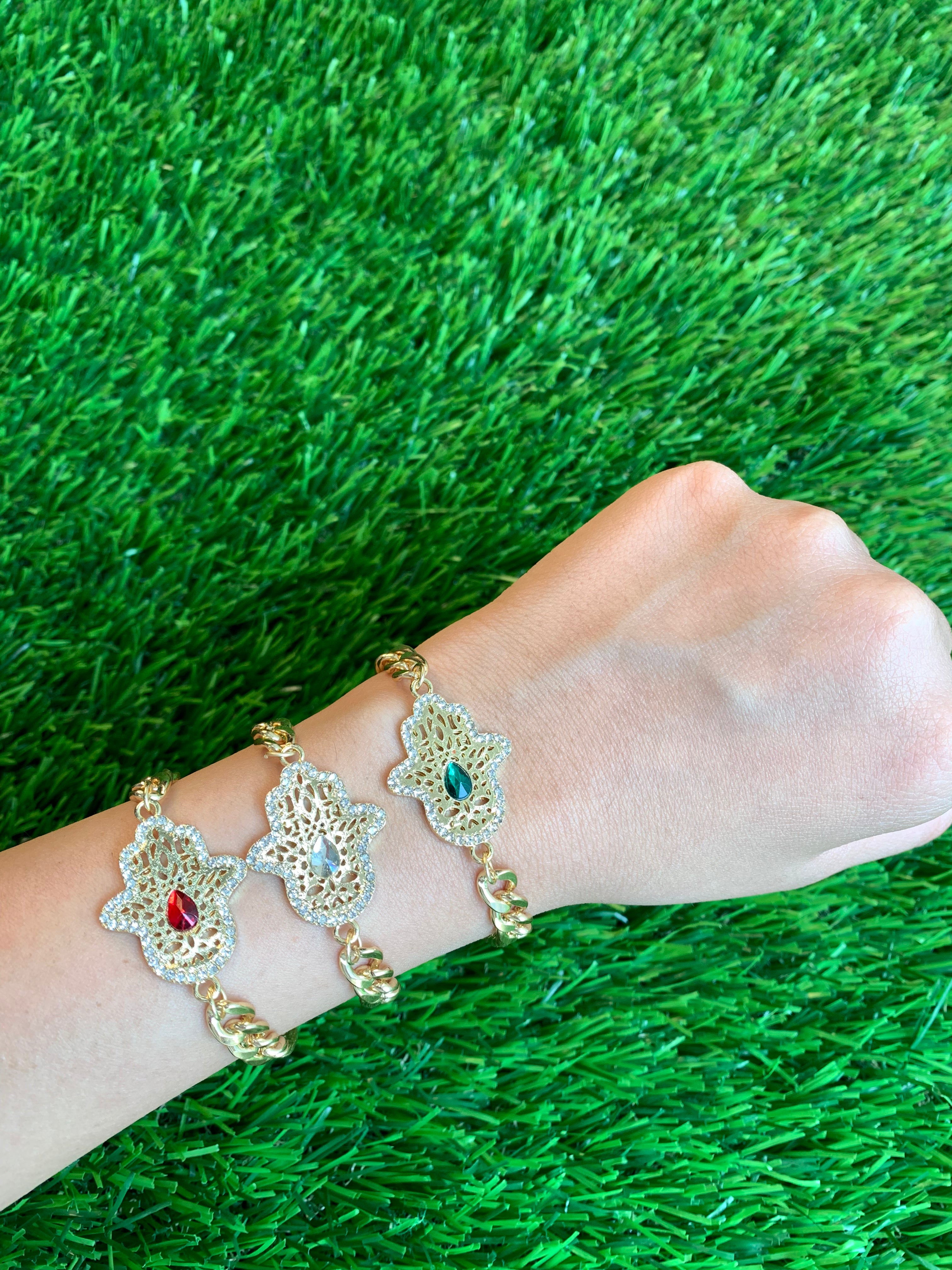Green Stud Centred Hamsa Harmony Golden Bracelet