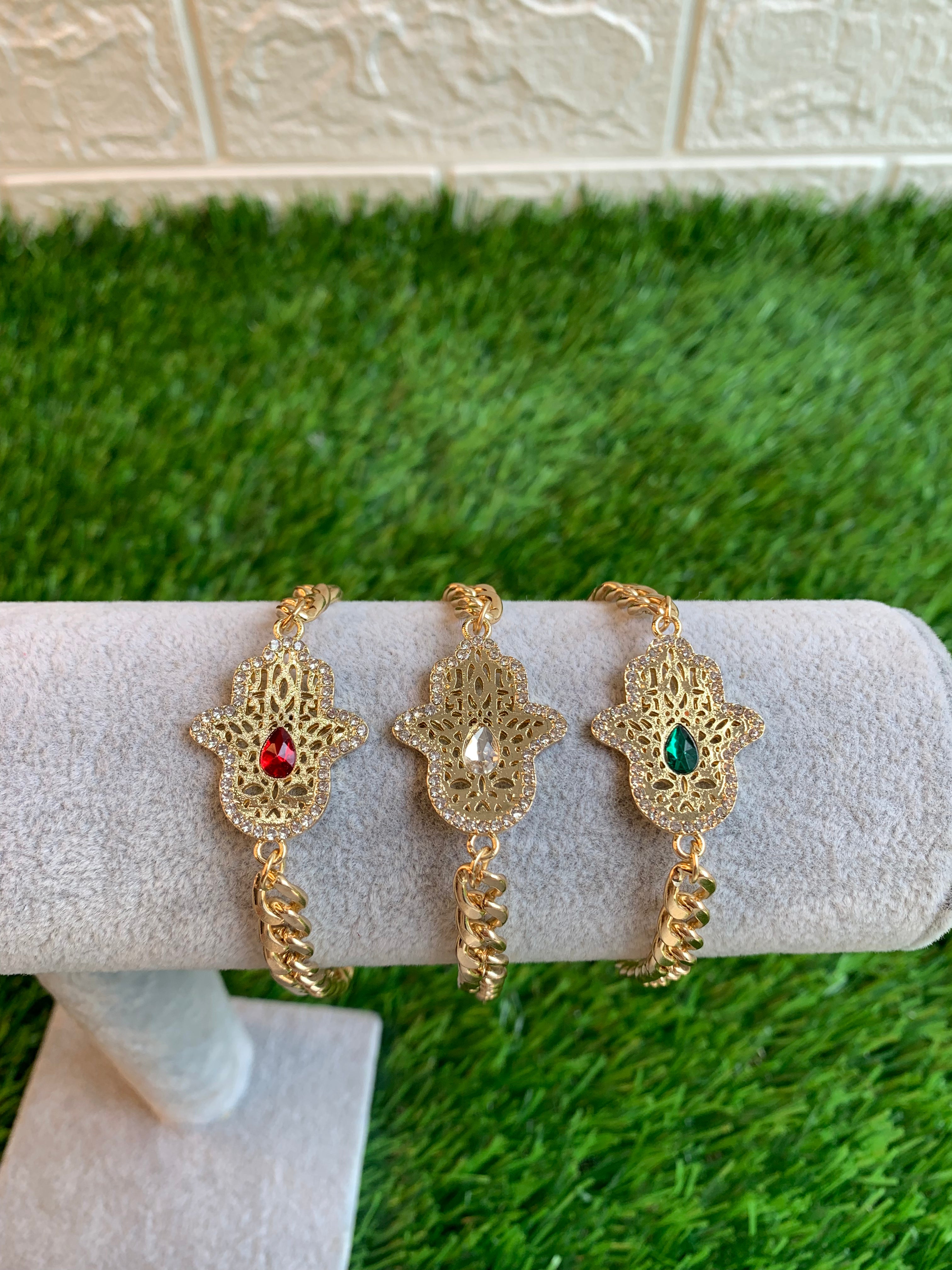 Green Stud Centred Hamsa Harmony Golden Bracelet