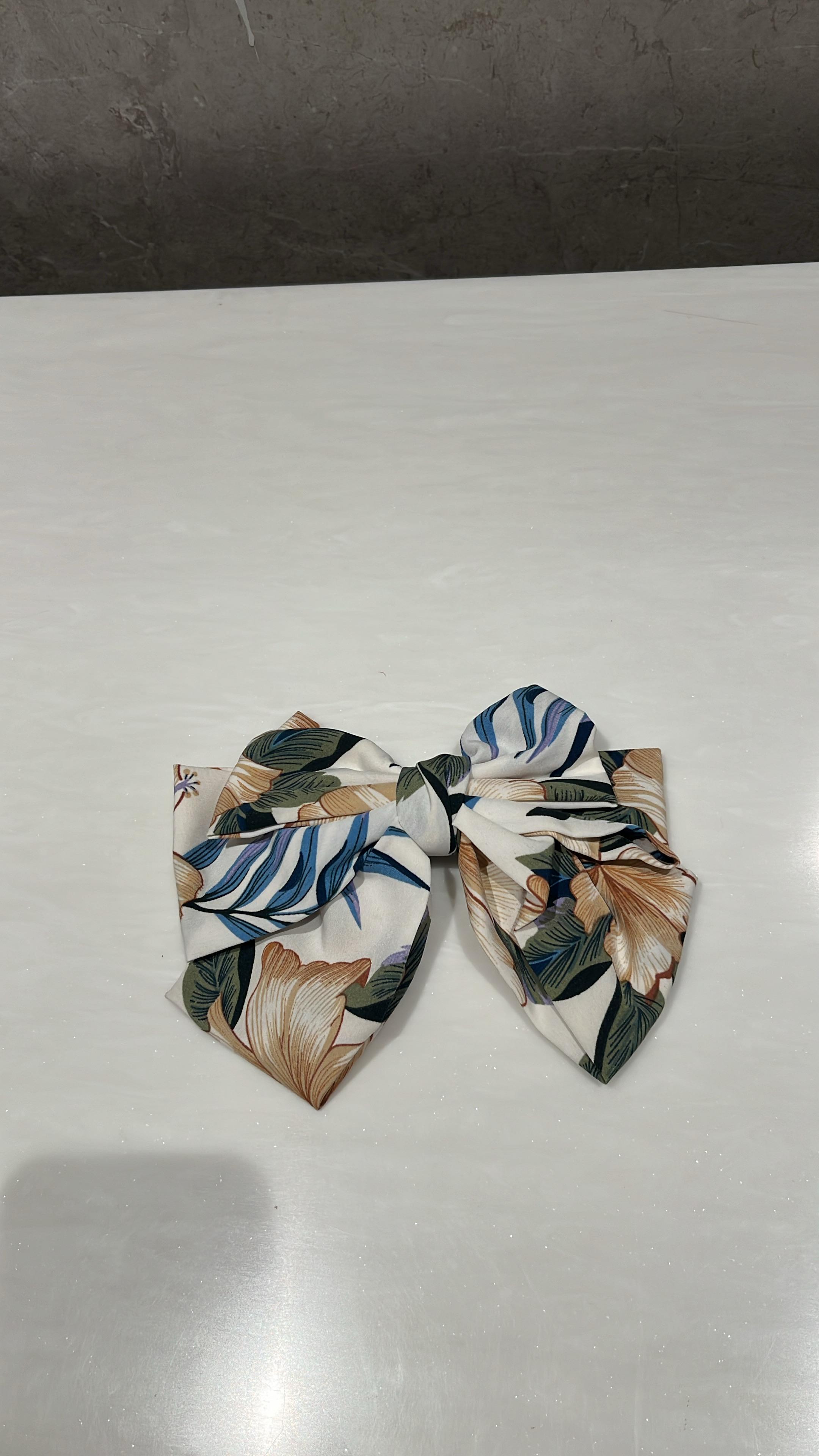 White Floral Printed Hair Bow