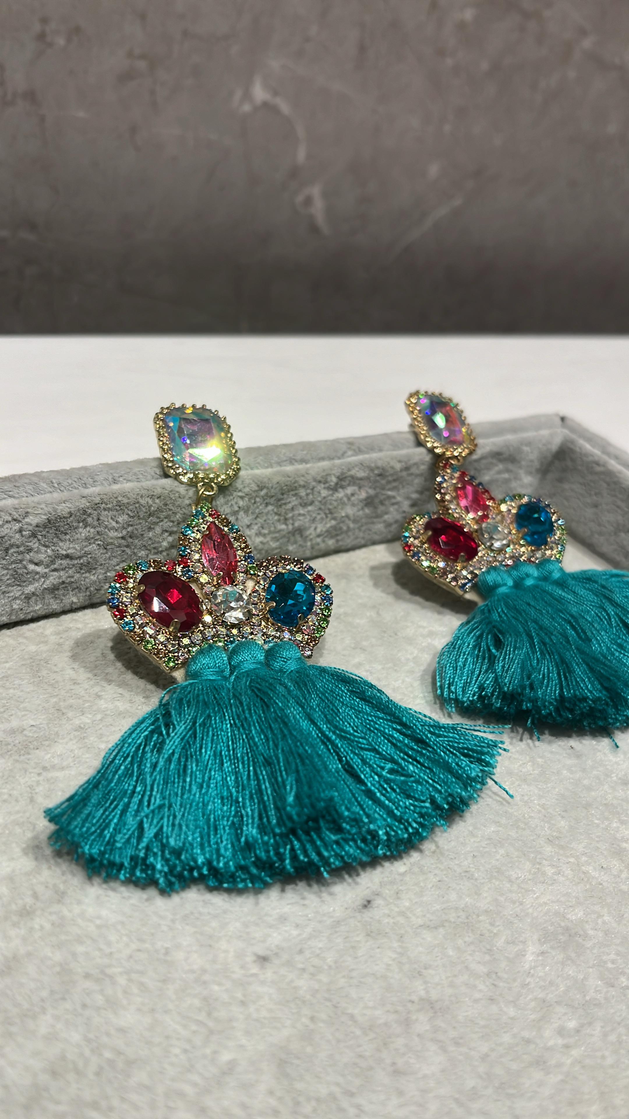 Crystal Cascade Teal Tassel Earrings
