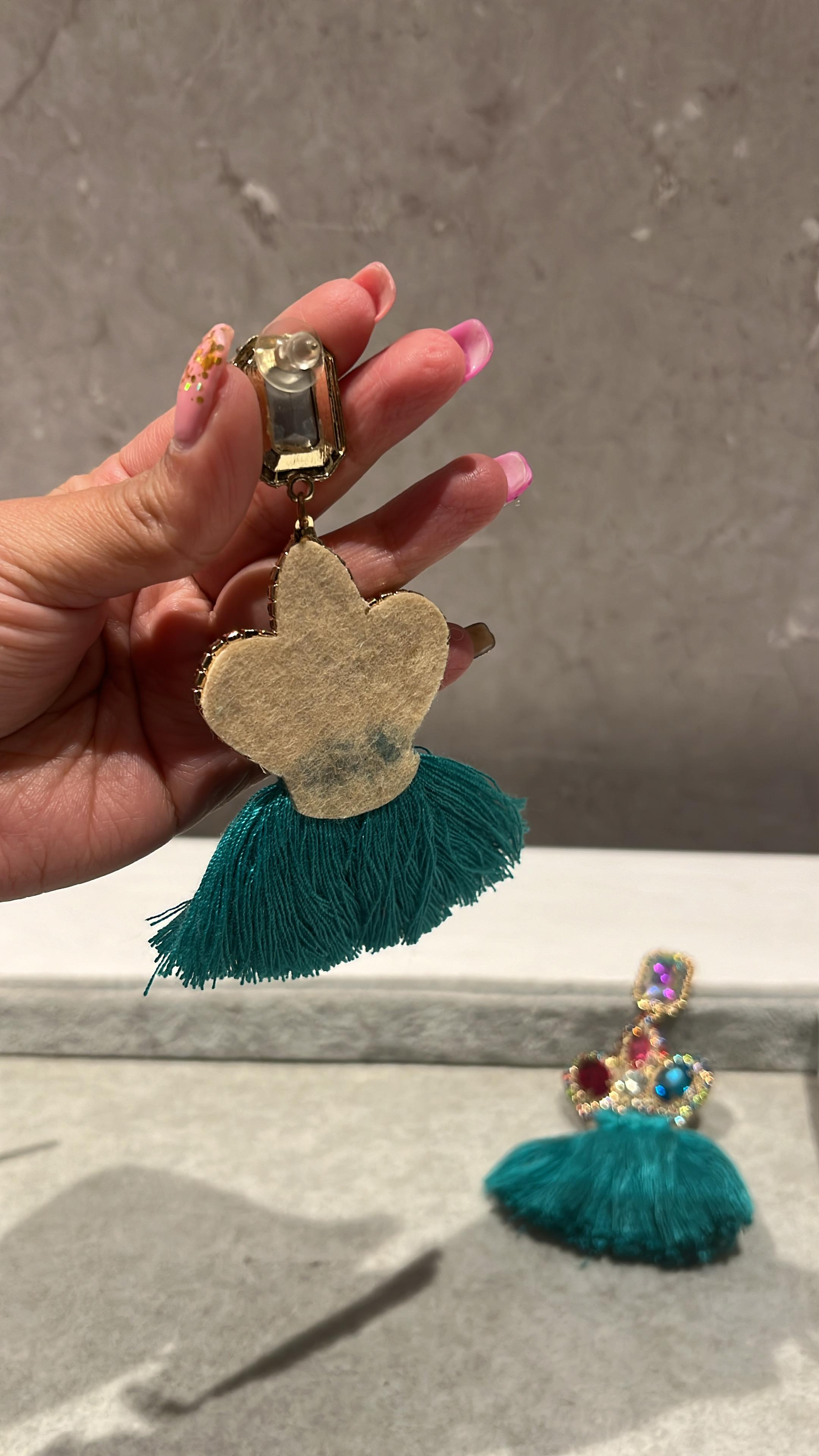 Crystal Cascade Teal Tassel Earrings