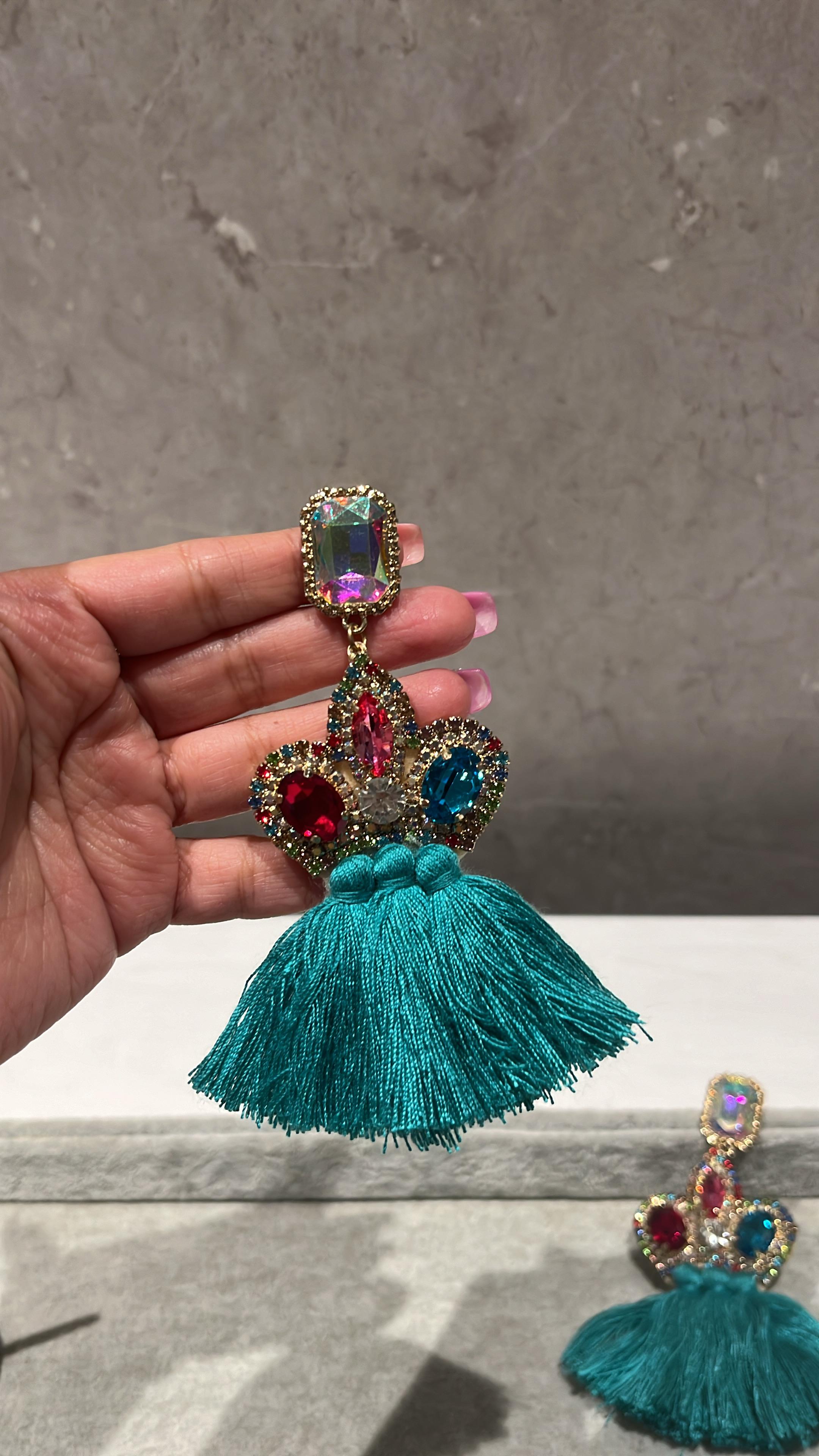 Crystal Cascade Teal Tassel Earrings